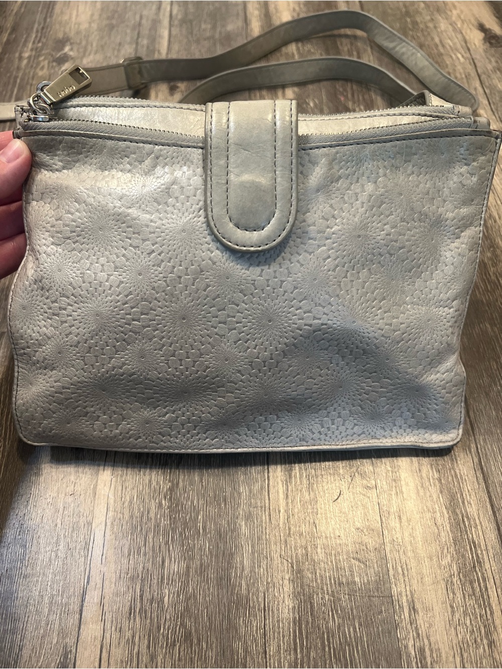 Hobo The Original Gray Embossed Leather Crossbody Bag Slim Floral Geometric - Picture 2 of 10